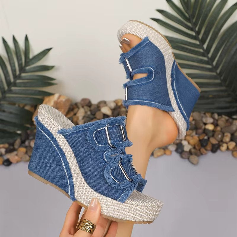 Women's Denim Wedge Slides Frayed Double Buckle Platform Espadrille Sandals