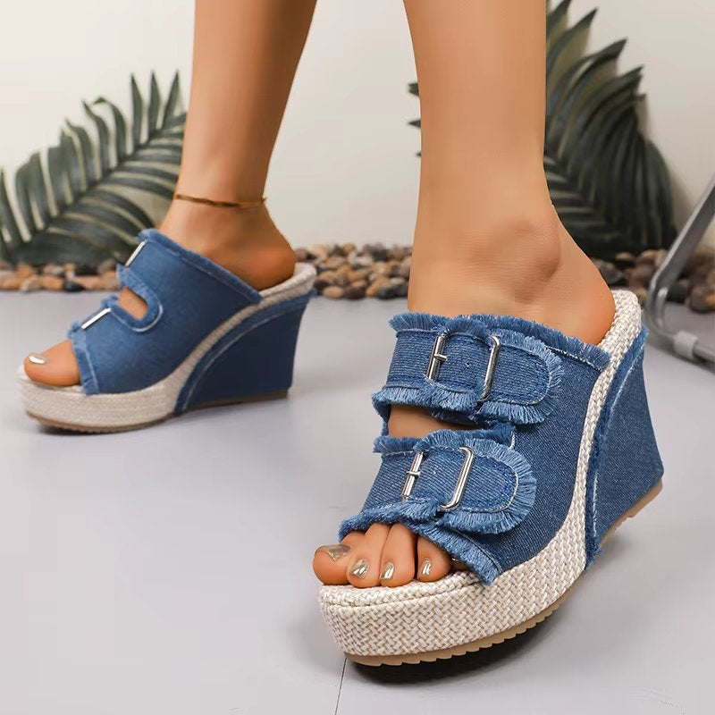 Women's Denim Wedge Slides Frayed Double Buckle Platform Espadrille Sandals