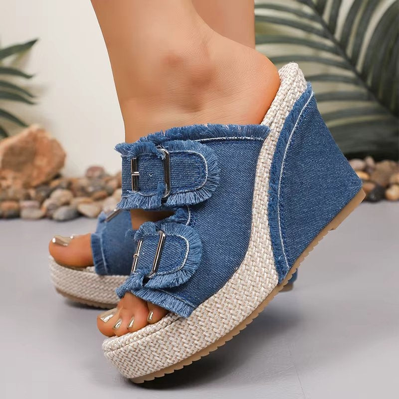 Women's Denim Wedge Slides Frayed Double Buckle Platform Espadrille Sandals