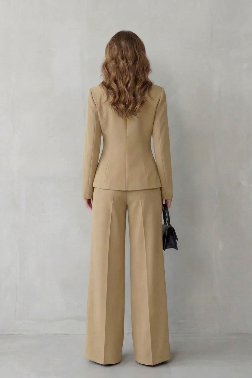 Women's Tailored Suit Set Blazer Wide Leg Pants Shawl Lapel Belted Beige