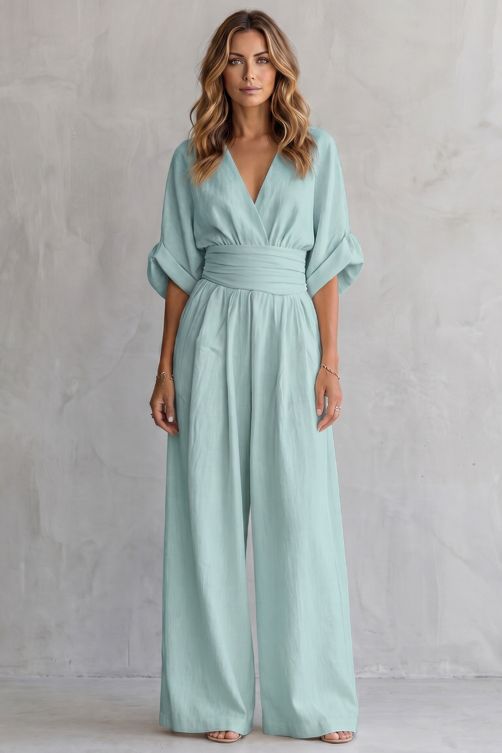 Women's Wide-Leg Jumpsuit V-Neck Draped Waist Belted Short Sleeve Casual