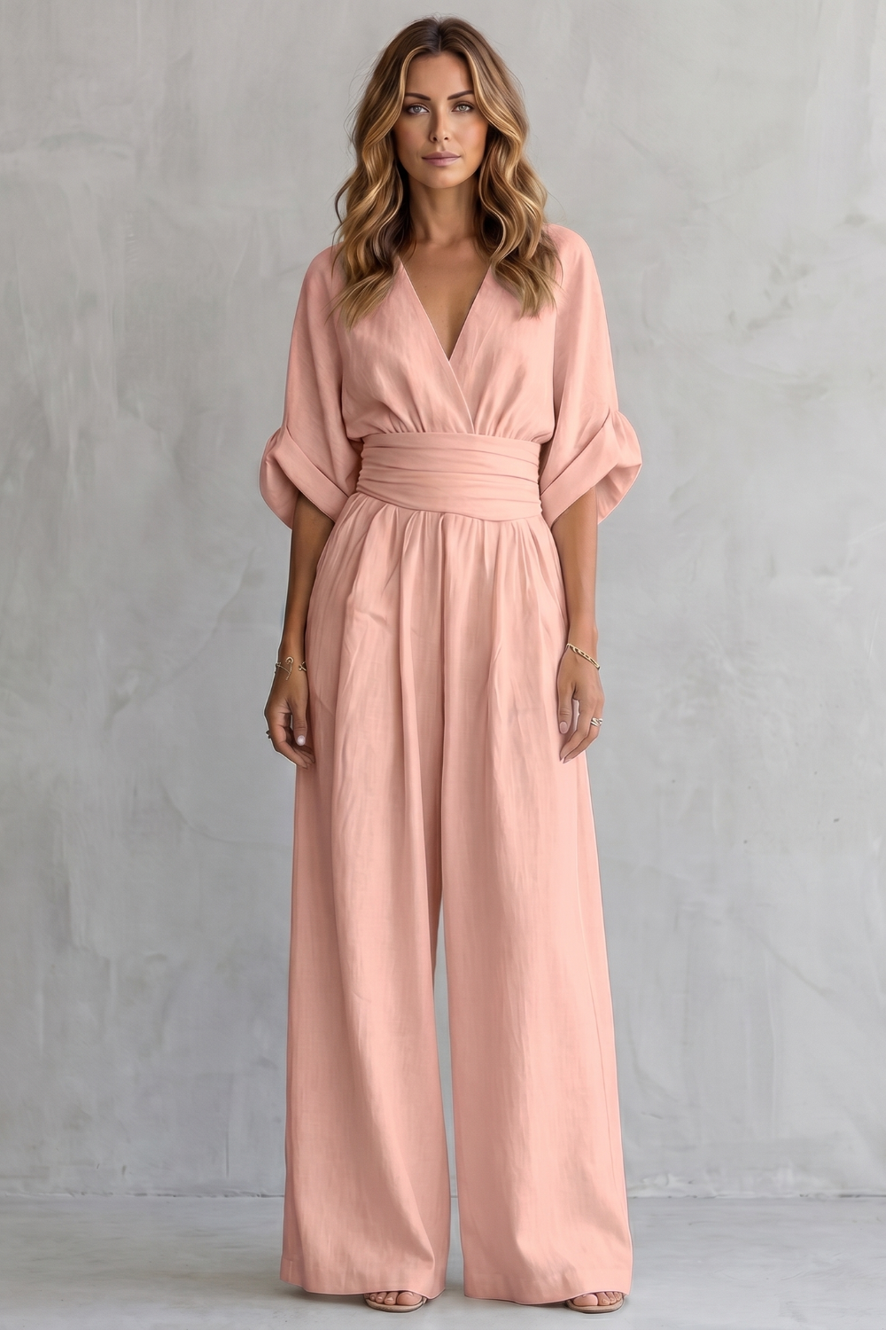 Women's Wide-Leg Jumpsuit V-Neck Draped Waist Belted Kimono Sleeve Casual