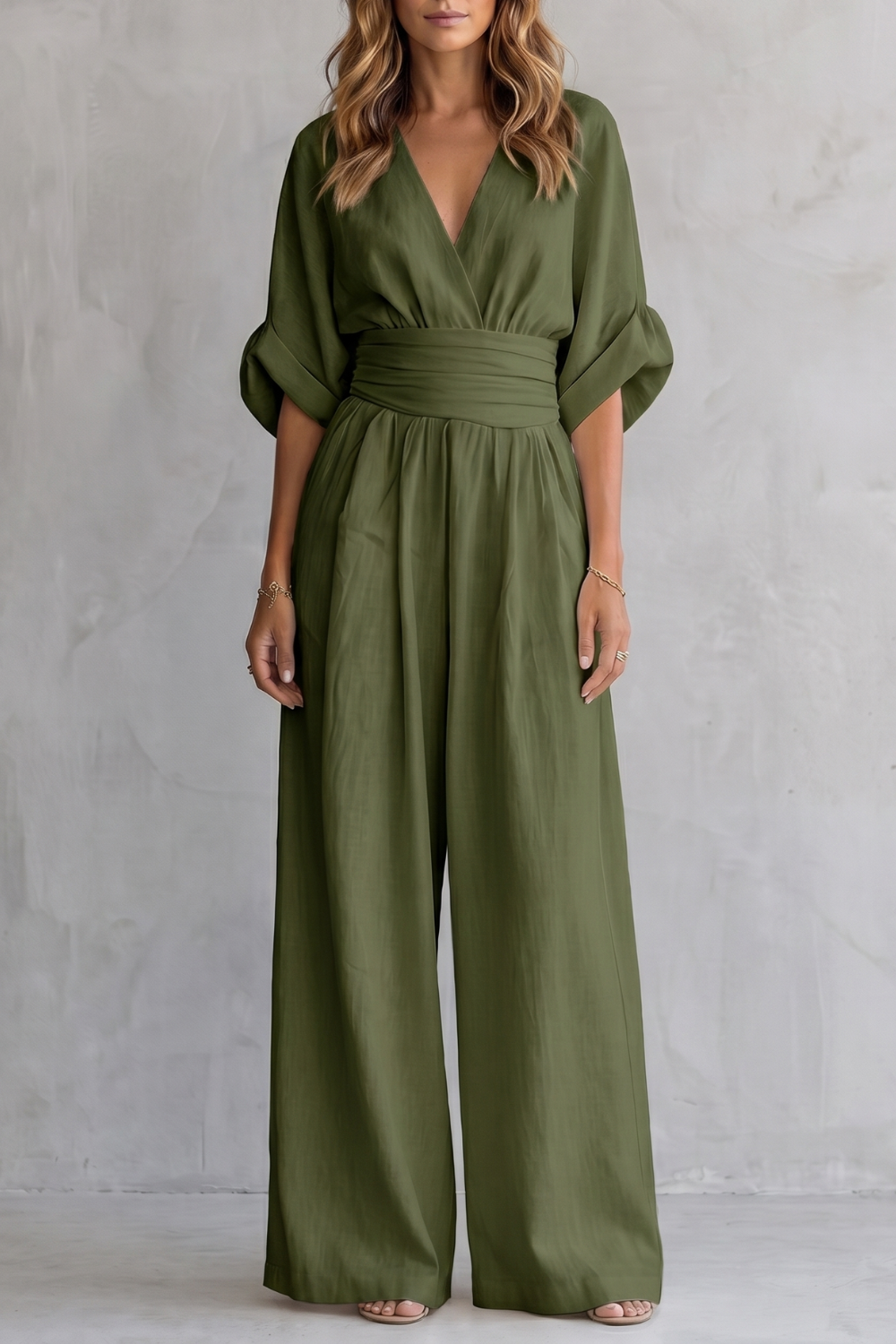 Women's Wide-Leg Jumpsuit V-Neck Draped Waist Belted Short Sleeve Casual