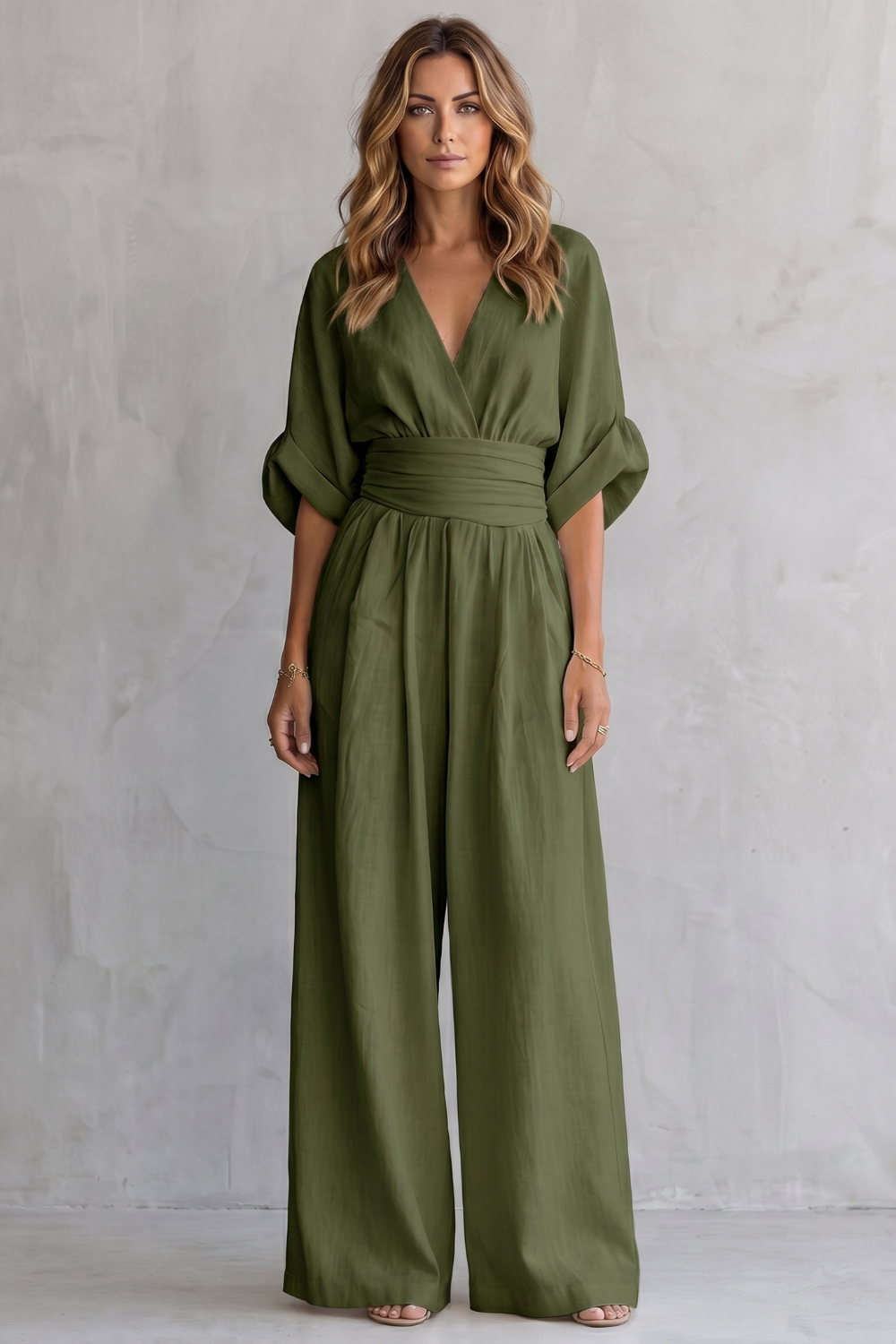 Women's Wide-Leg Jumpsuit V-Neck Draped Waist Belted Short Sleeve Casual