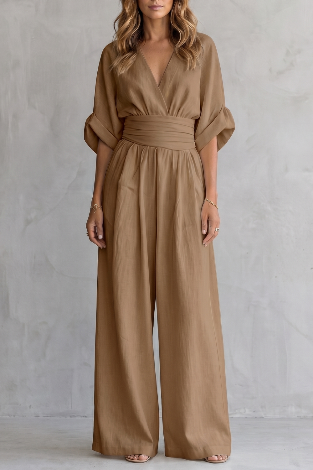 Women's Wide-Leg Jumpsuit V-Neck Draped Waist Belted Short Sleeve Casual