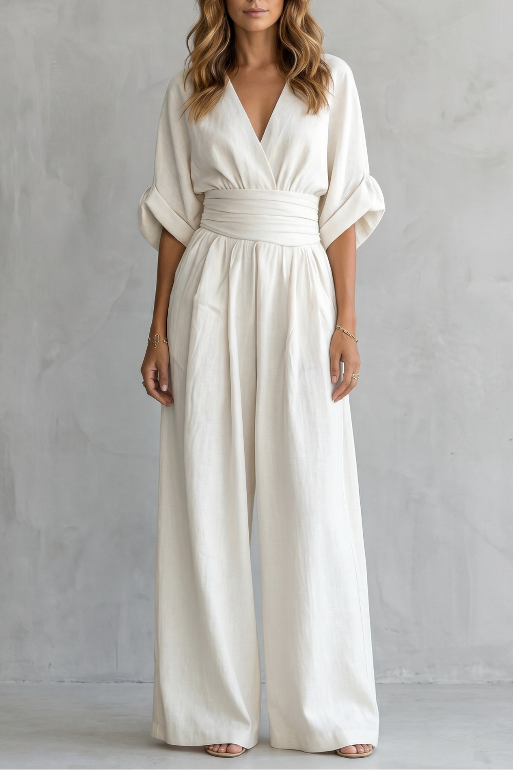 Women's Wide-Leg Jumpsuit V-Neck Draped Waist Belted Short Sleeve Casual