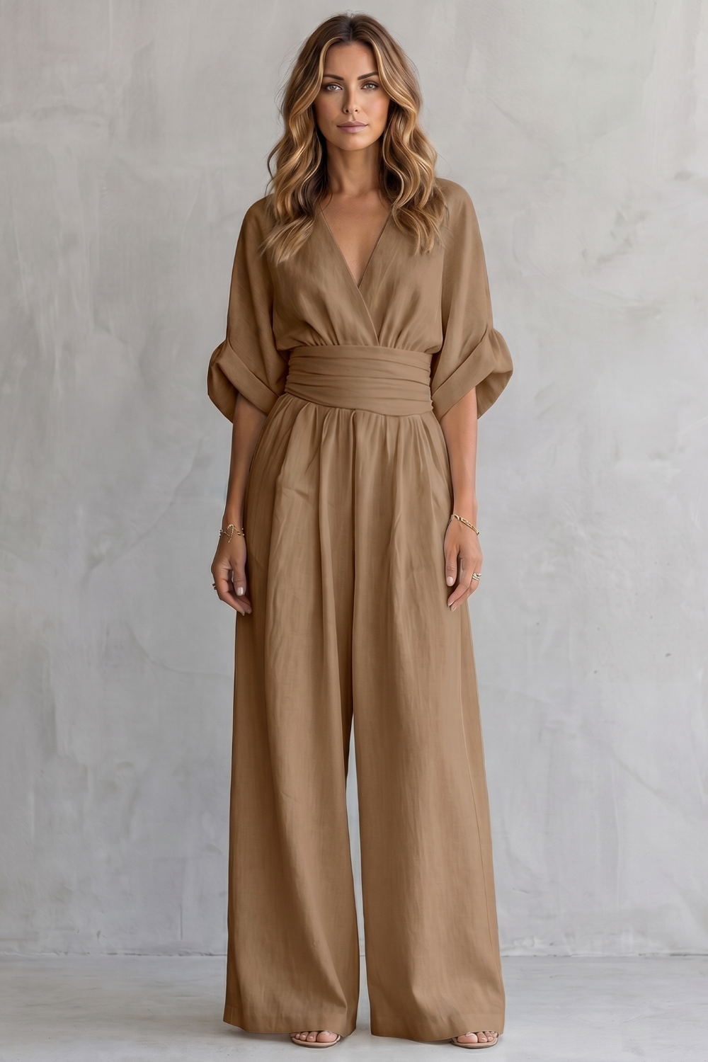Women's Wide-Leg Jumpsuit V-Neck Draped Waist Belted Kimono Sleeve Casual