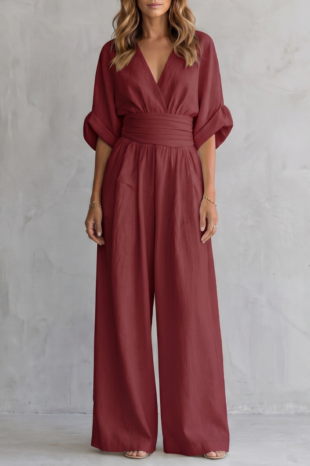 Women's Wide-Leg Jumpsuit V-Neck Draped Waist Belted Kimono Sleeve Casual