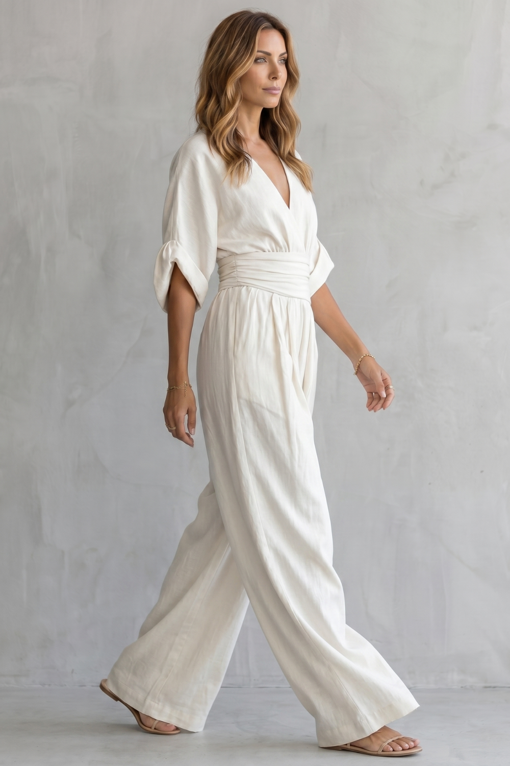 Women's Wide-Leg Jumpsuit V-Neck Draped Waist Belted Kimono Sleeve Casual