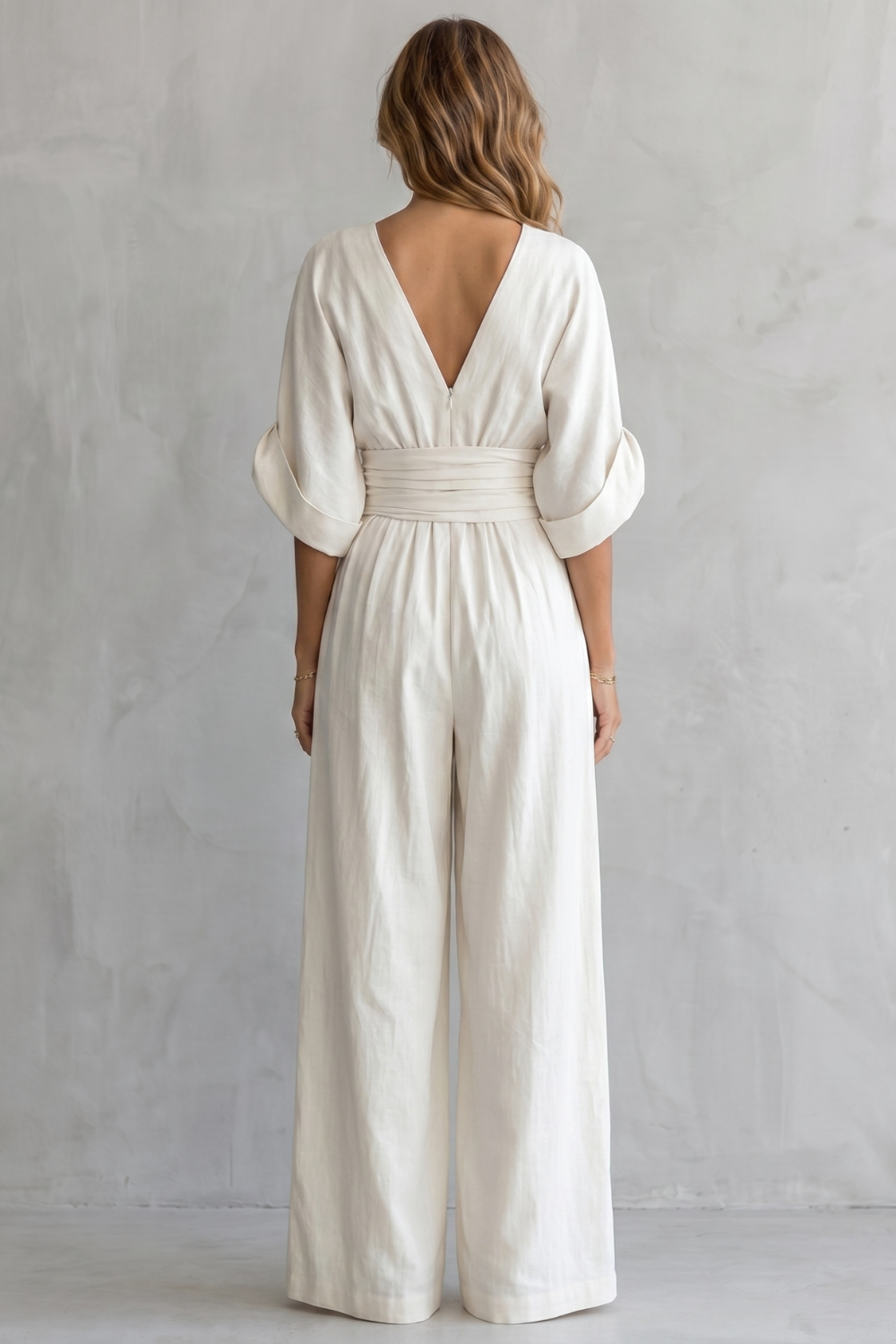 Women's Wide-Leg Jumpsuit V-Neck Draped Waist Belted Kimono Sleeve Casual