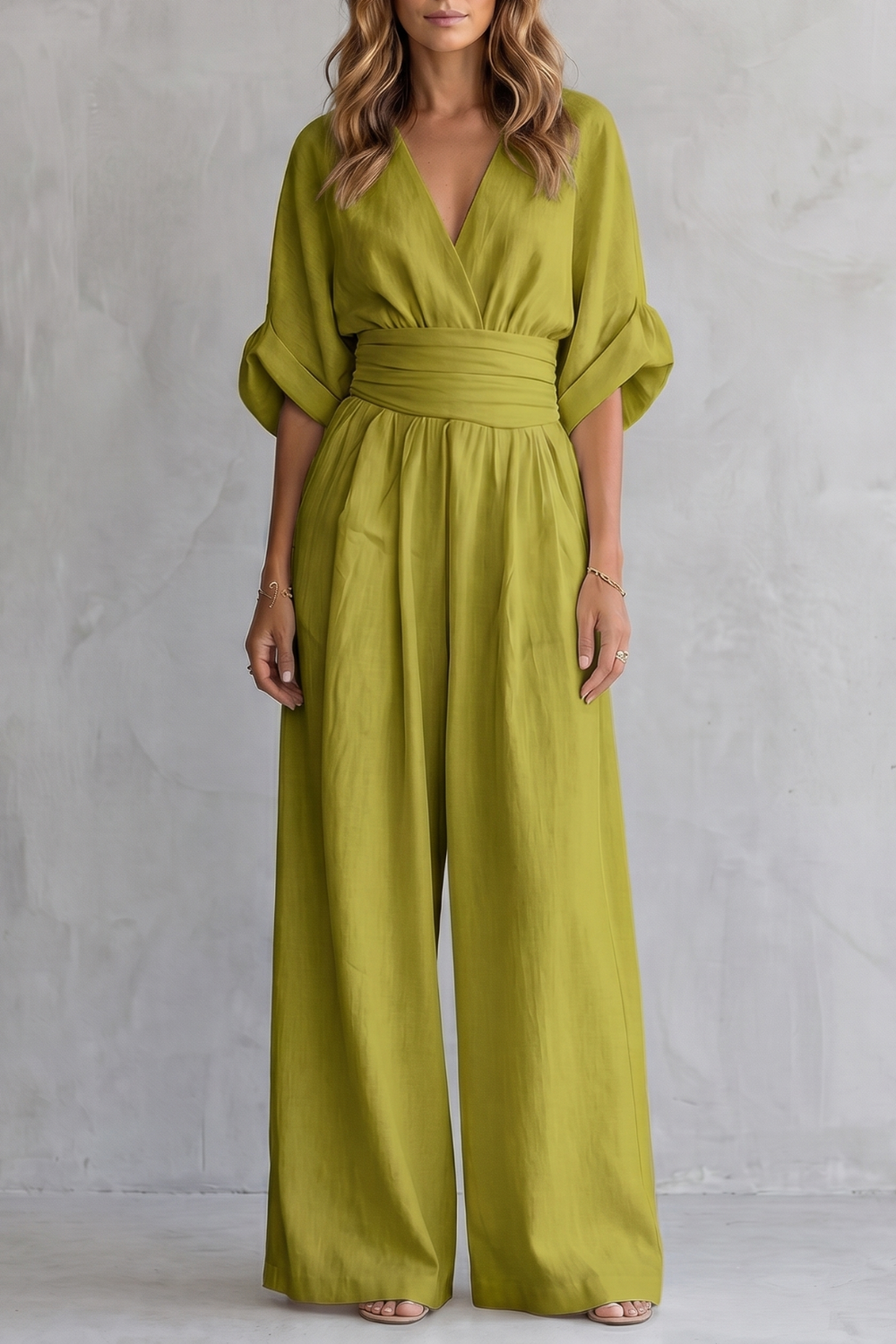 Women's Wide-Leg Jumpsuit V-Neck Draped Waist Belted Kimono Sleeve Casual