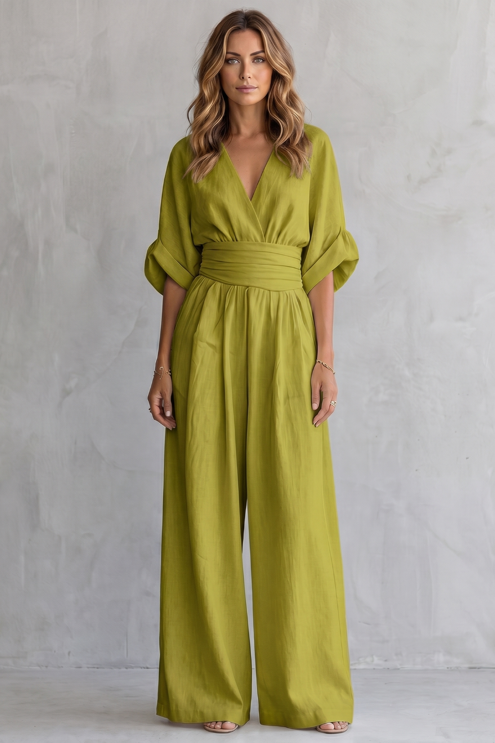 Women's Wide-Leg Jumpsuit V-Neck Draped Waist Belted Kimono Sleeve Casual
