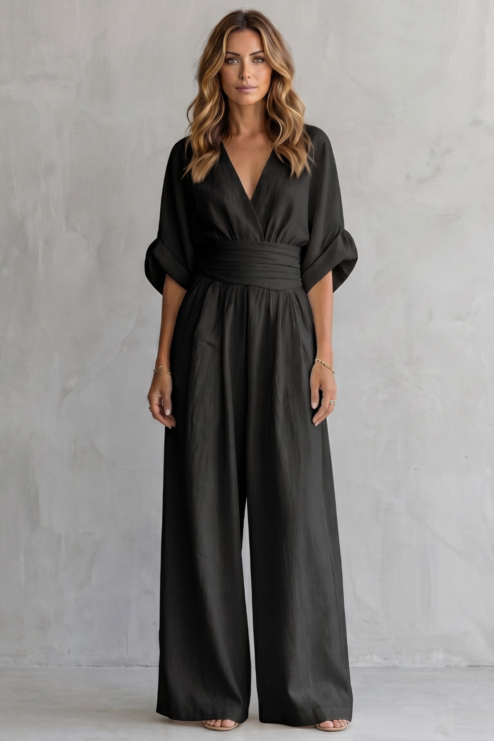 Women's Wide-Leg Jumpsuit V-Neck Draped Waist Belted Short Sleeve Casual