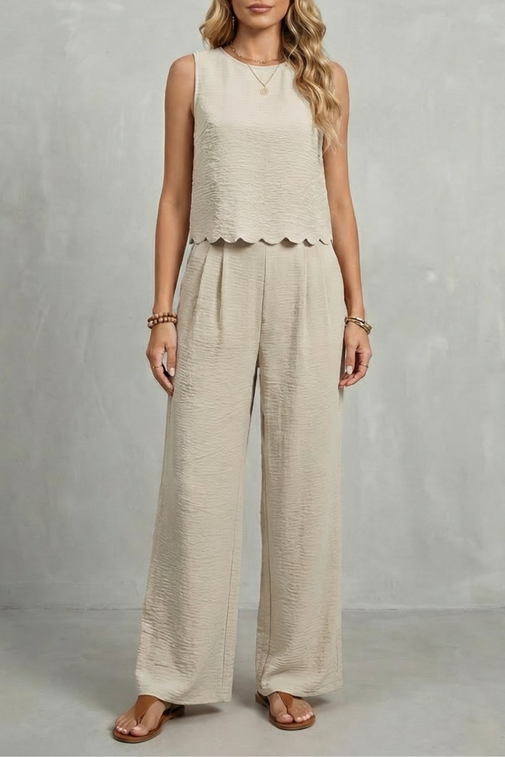 Women's Sleeveless Two Piece Set Scalloped Top Wide Leg Pants Open Back Bow
