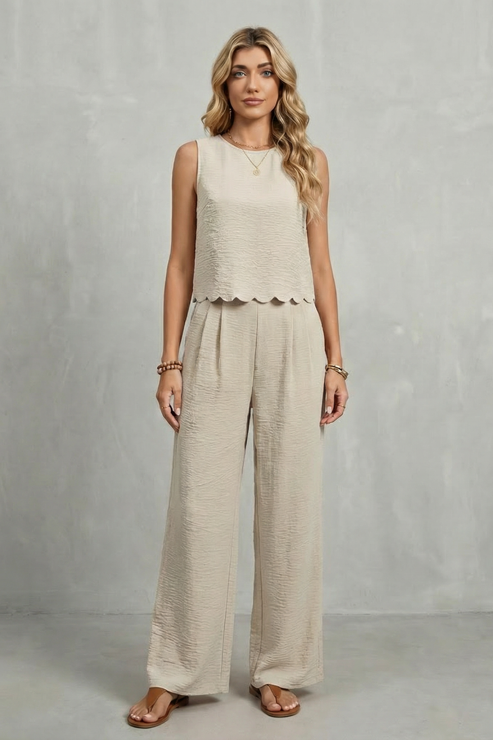 Women's Sleeveless Two Piece Set Scalloped Top Wide Leg Pants Open Back Bow
