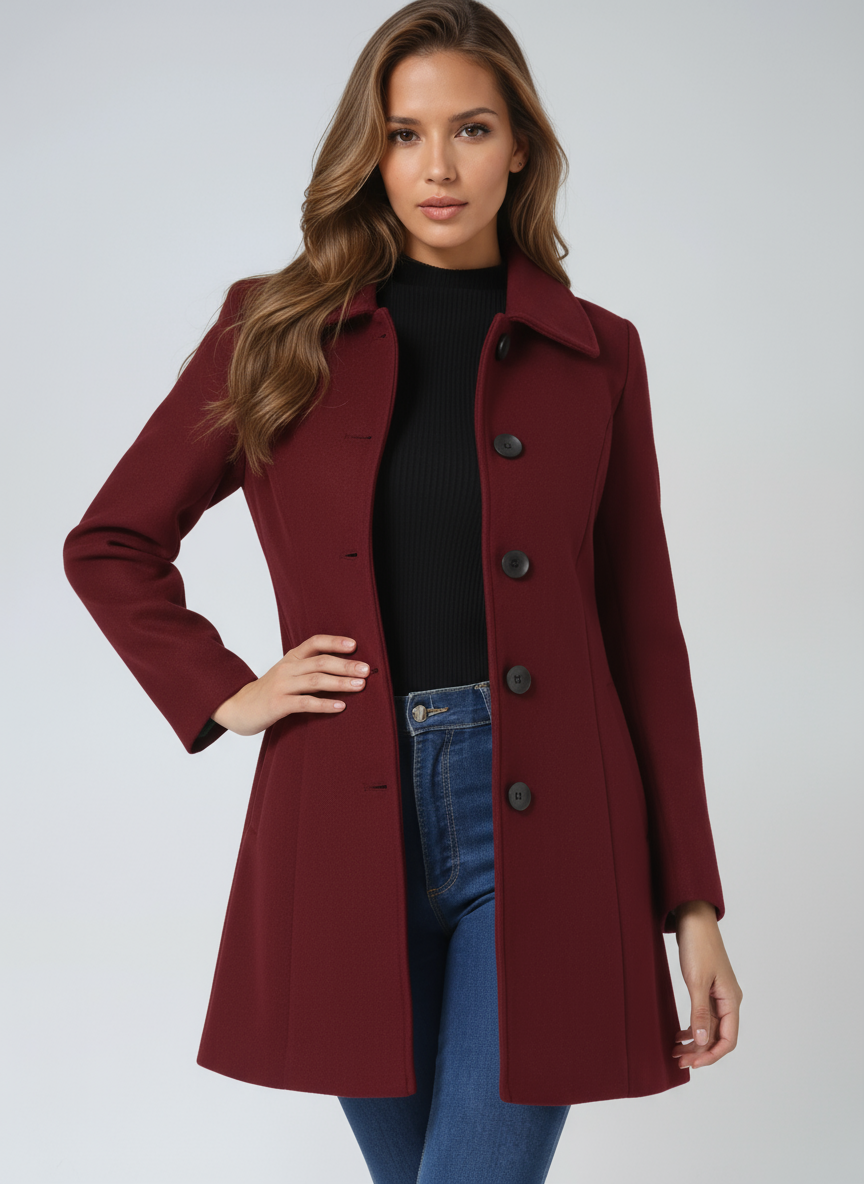 Women's Single Breasted Trench Coat Collared Button-Front Mid-Length Winter Coat