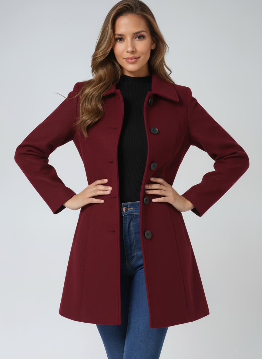 Women's Single Breasted Trench Coat Collared Button-Front Mid-Length Winter Coat