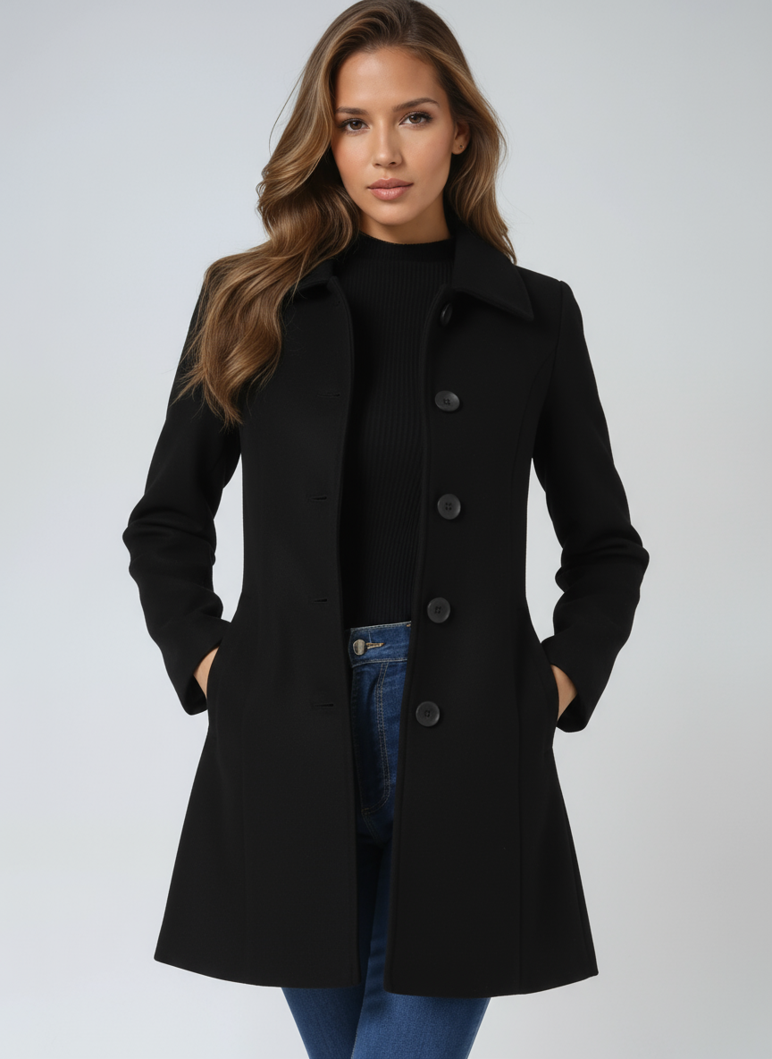 Women's Single Breasted Trench Coat Collared Button-Front Mid-Length Winter Coat