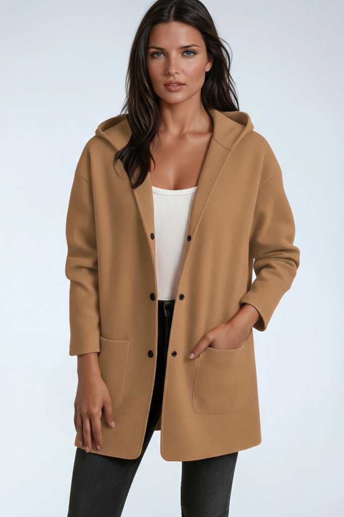 Women's Hooded Coat Wool Blend Mid Length Button Front Jacket