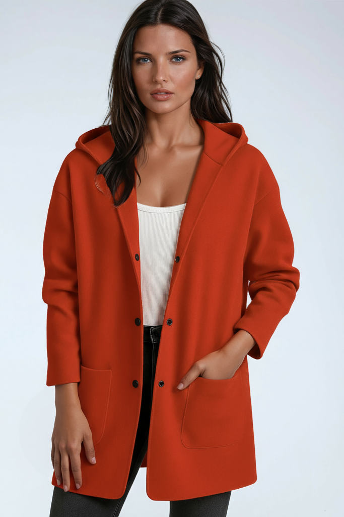 Women's Hooded Coat Wool Blend Mid Length Button Front Jacket