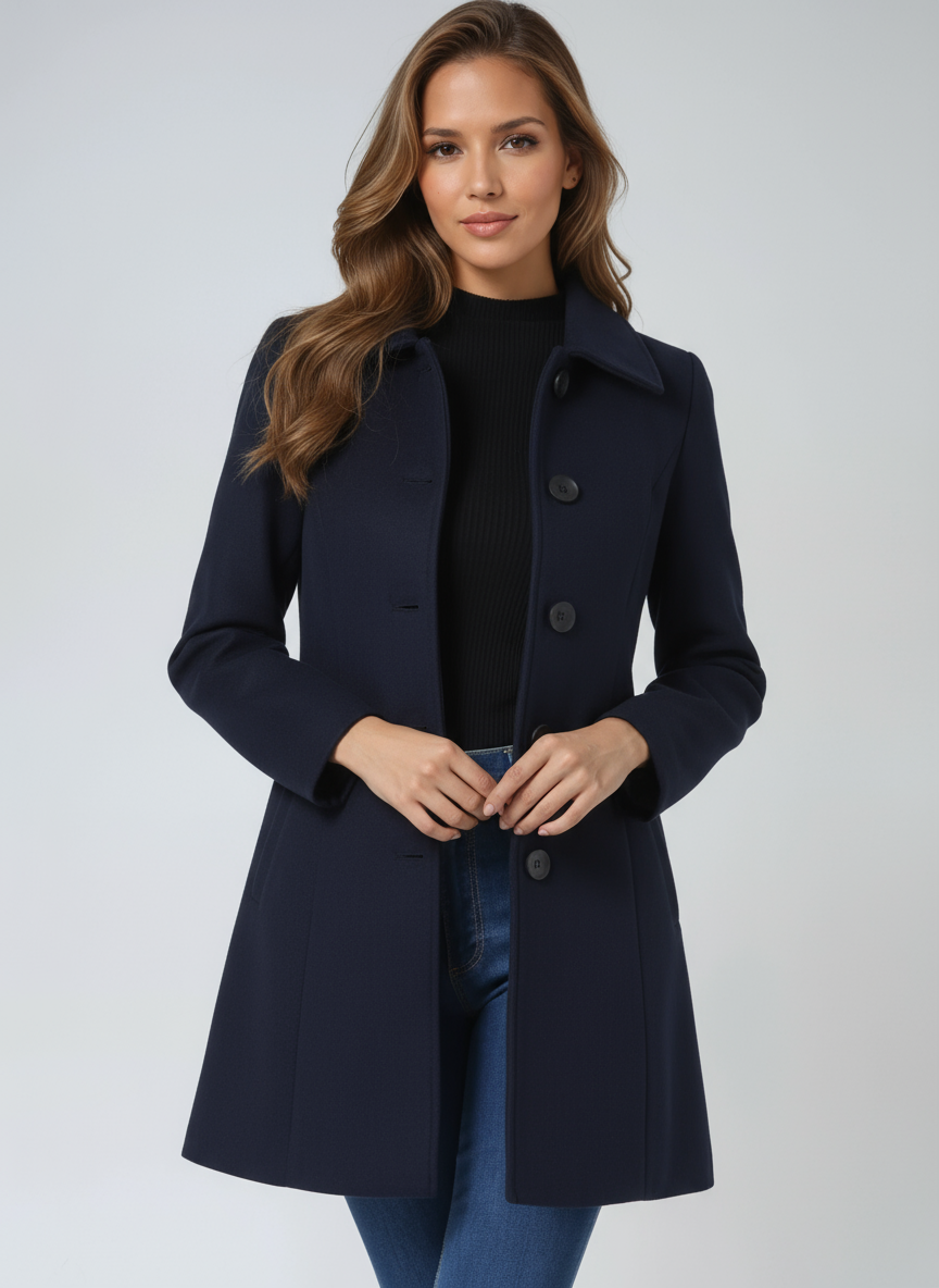 Women's Single Breasted Trench Coat Collared Button-Front Mid-Length Winter Coat