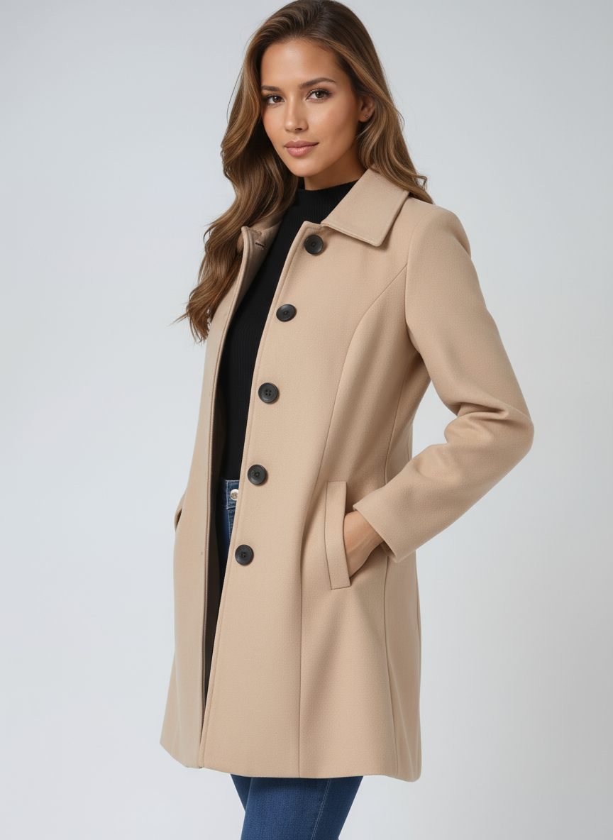 Women's Single Breasted Trench Coat Collared Button-Front Mid-Length Winter Coat