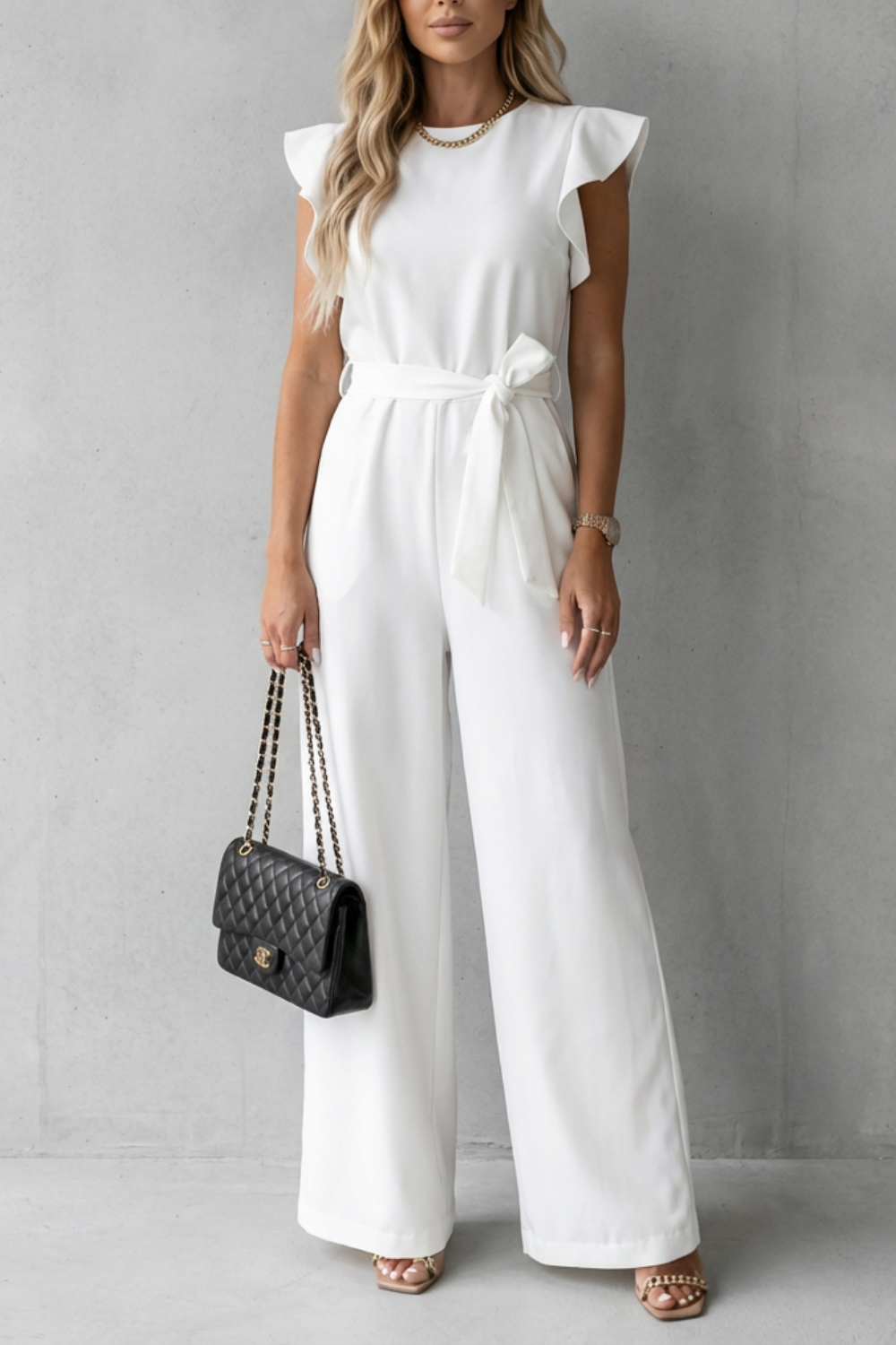 Women's Wide-Leg Jumpsuit Ruffle Sleeve Belted Round Neck Casual