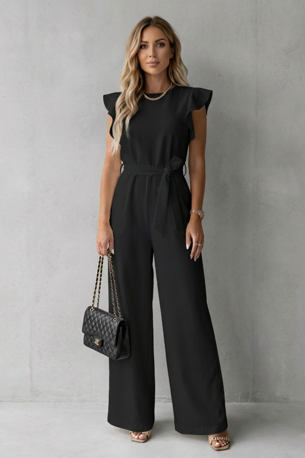 Women's Wide-Leg Jumpsuit Ruffle Sleeve Belted Round Neck Casual