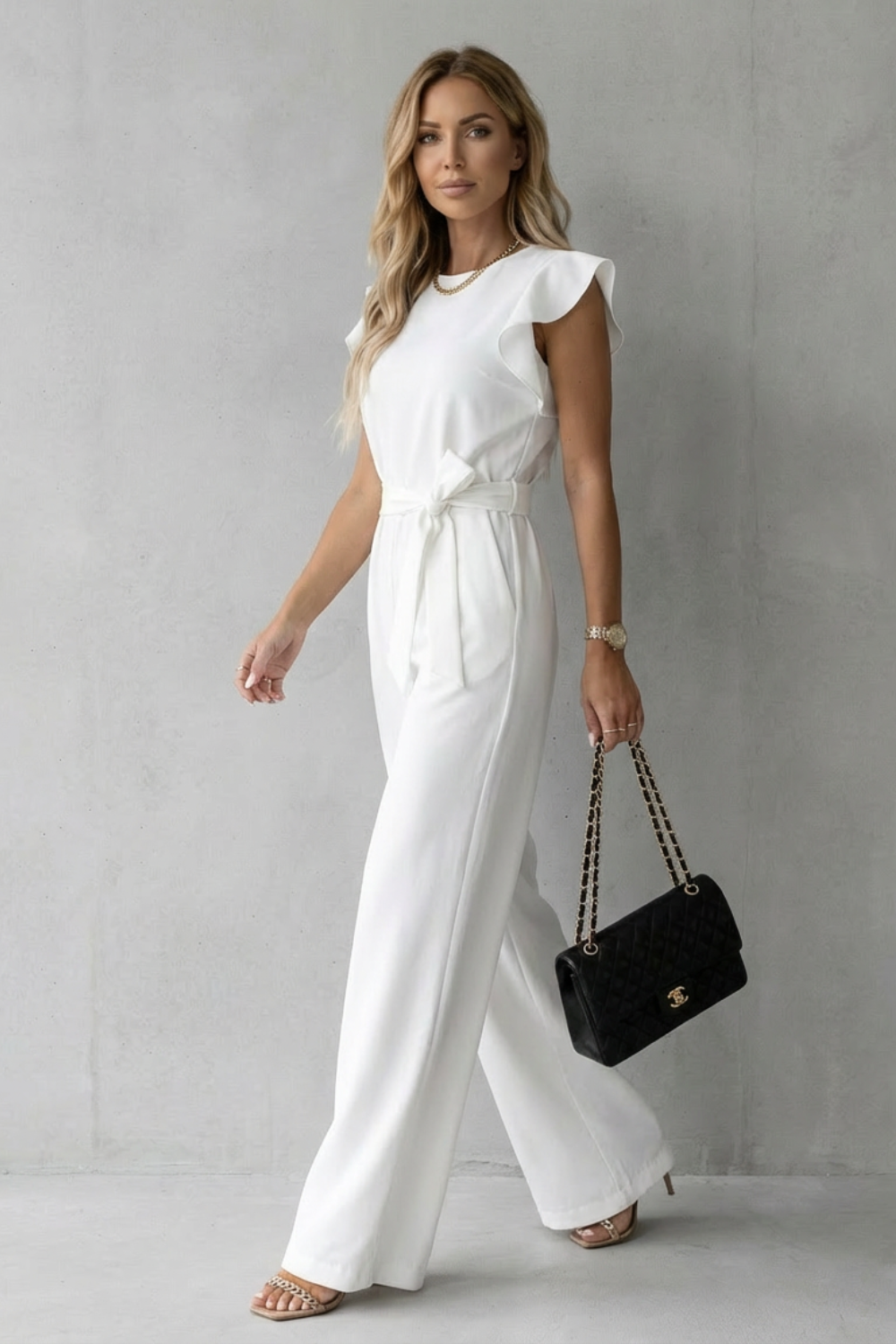 Women's Wide-Leg Jumpsuit Ruffle Sleeve Belted Round Neck Casual