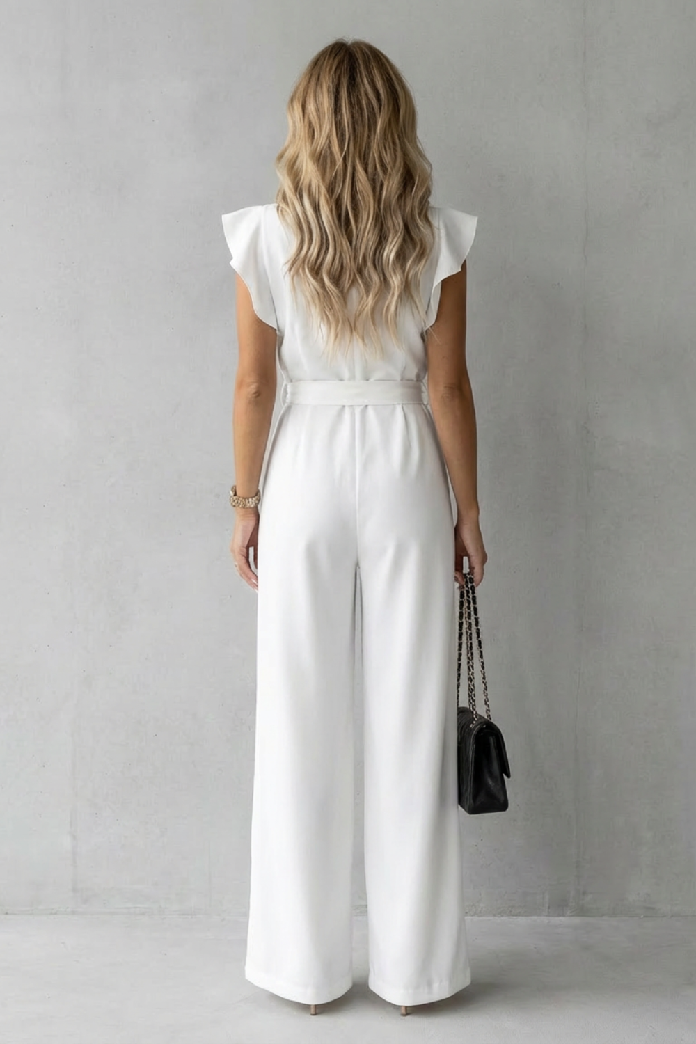 Women's Wide-Leg Jumpsuit Ruffle Sleeve Belted Round Neck Casual