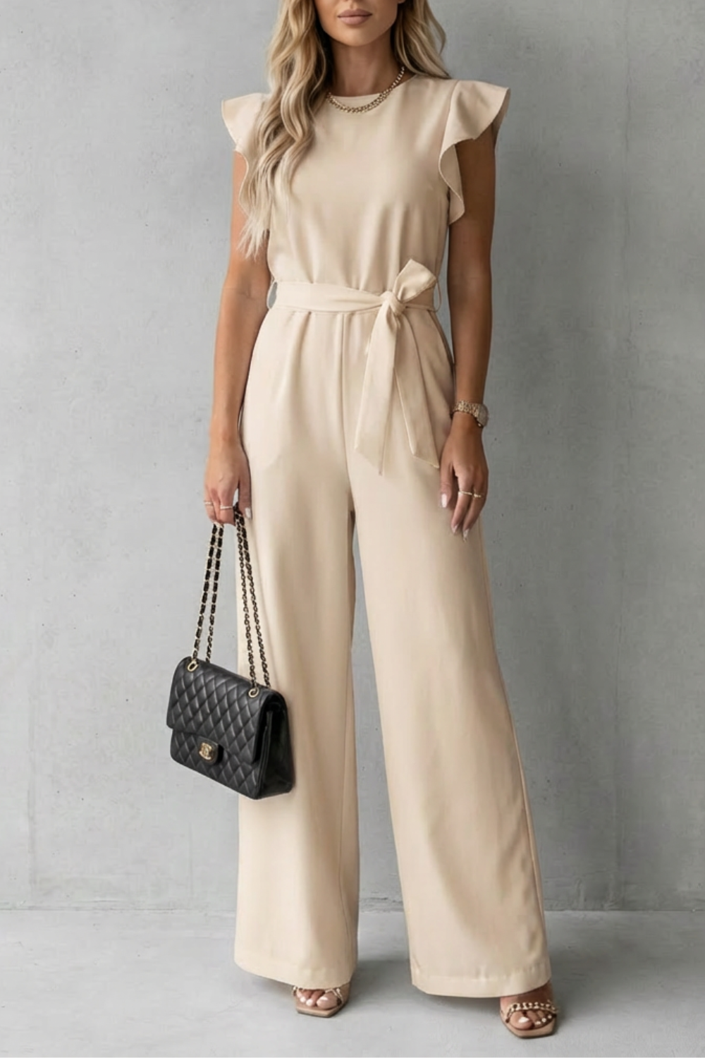 Women's Wide-Leg Jumpsuit Ruffle Sleeve Belted Round Neck Casual
