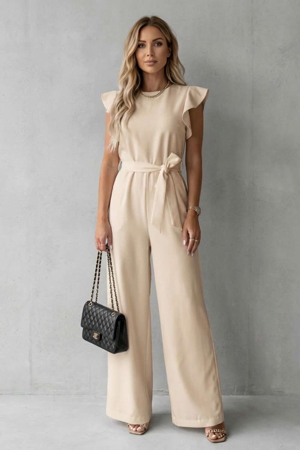 Women's Wide-Leg Jumpsuit Ruffle Sleeve Belted Round Neck Casual