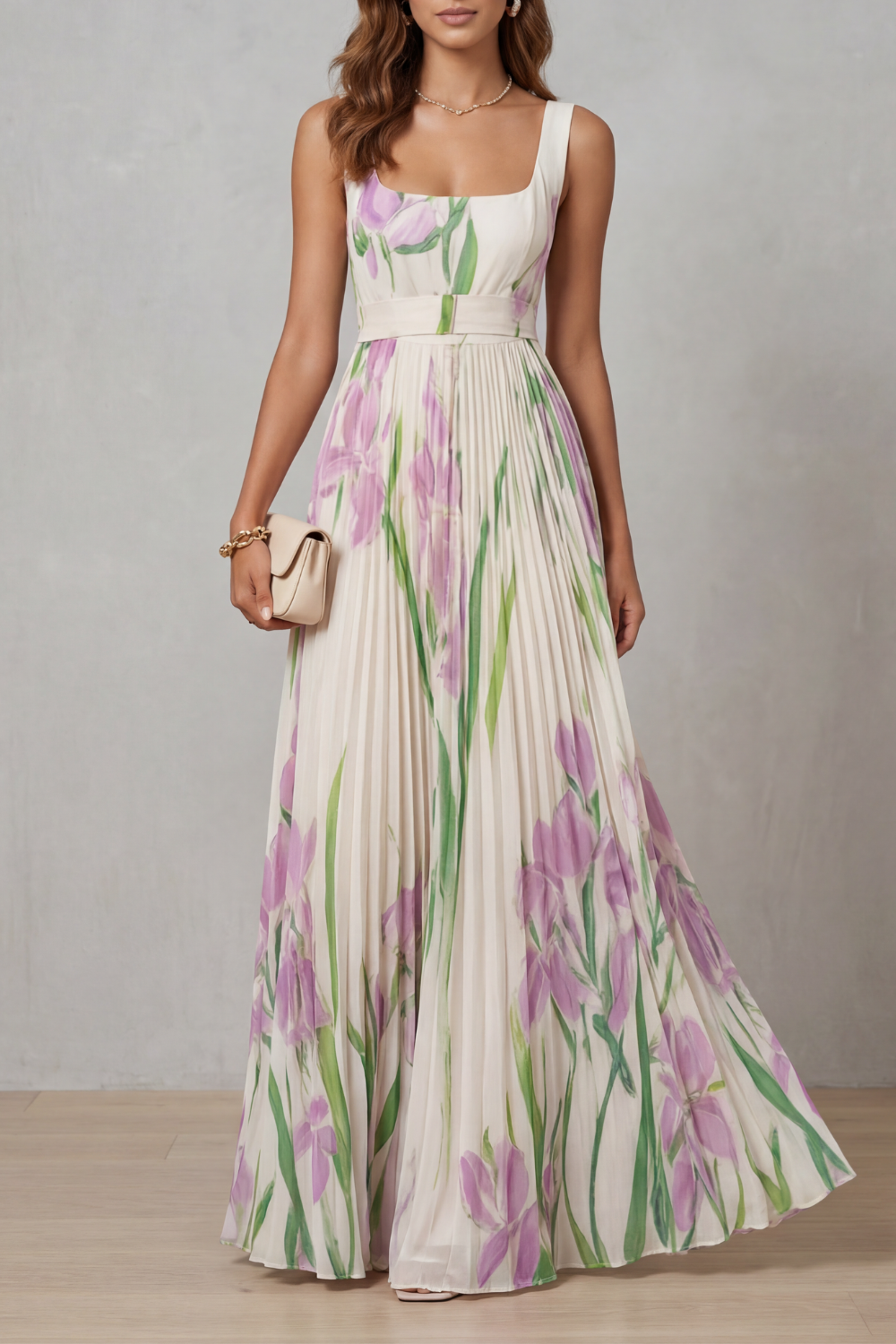 Women's Floral Pleated Maxi Dress Square Neck Belted Sleeveless