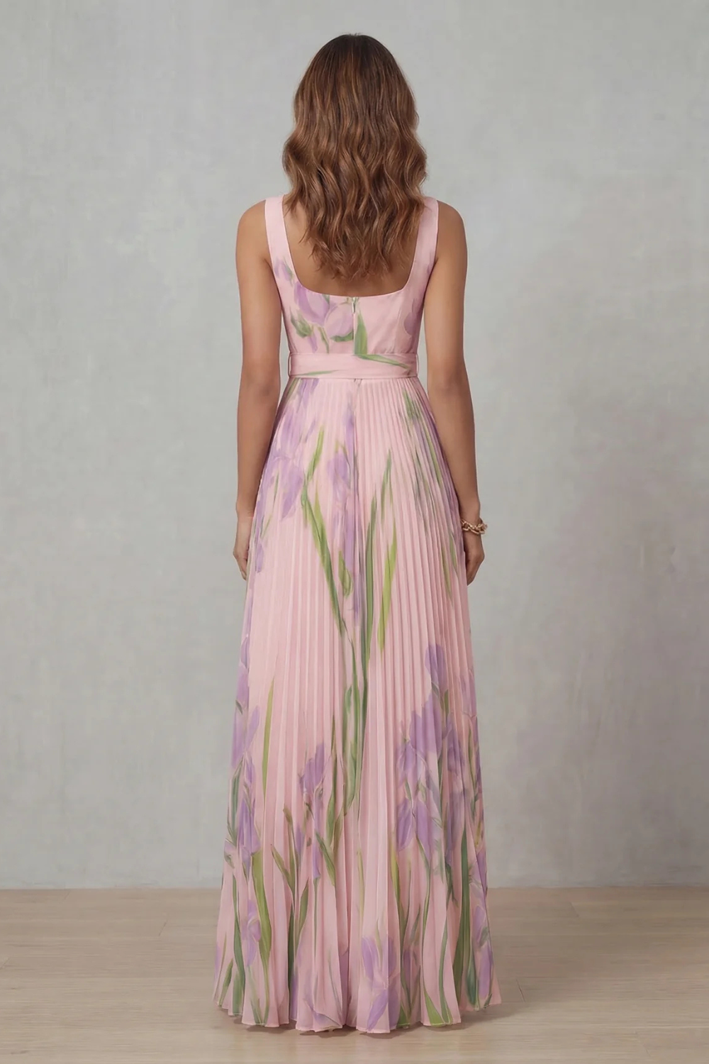 Women's Floral Pleated Maxi Dress Square Neck Belted Sleeveless