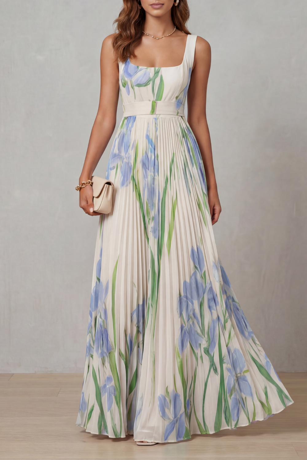Women's Floral Pleated Maxi Dress Square Neck Belted Sleeveless
