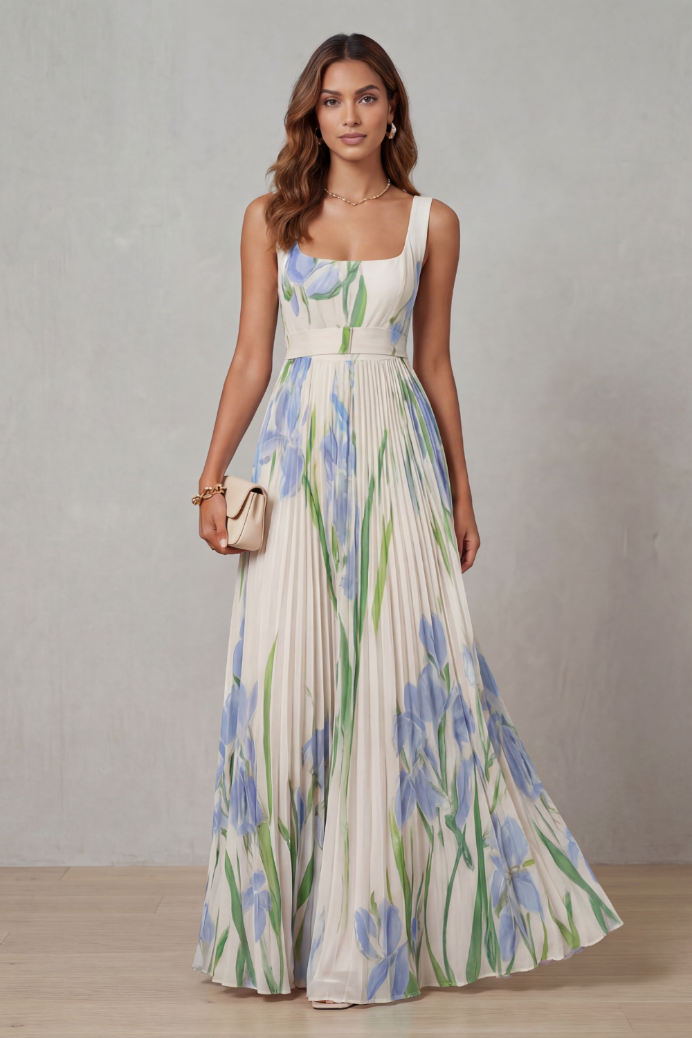Women's Floral Pleated Maxi Dress Square Neck Belted Sleeveless
