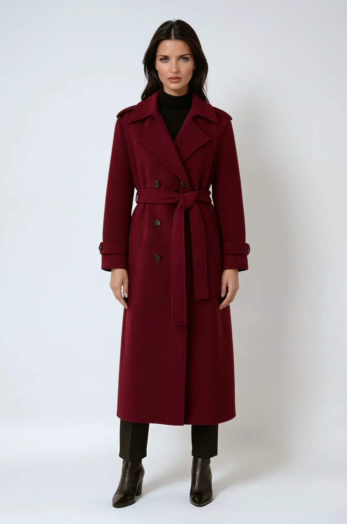 Women's Wool Trench Coat Long Double Breasted Belted Winter Outerwear