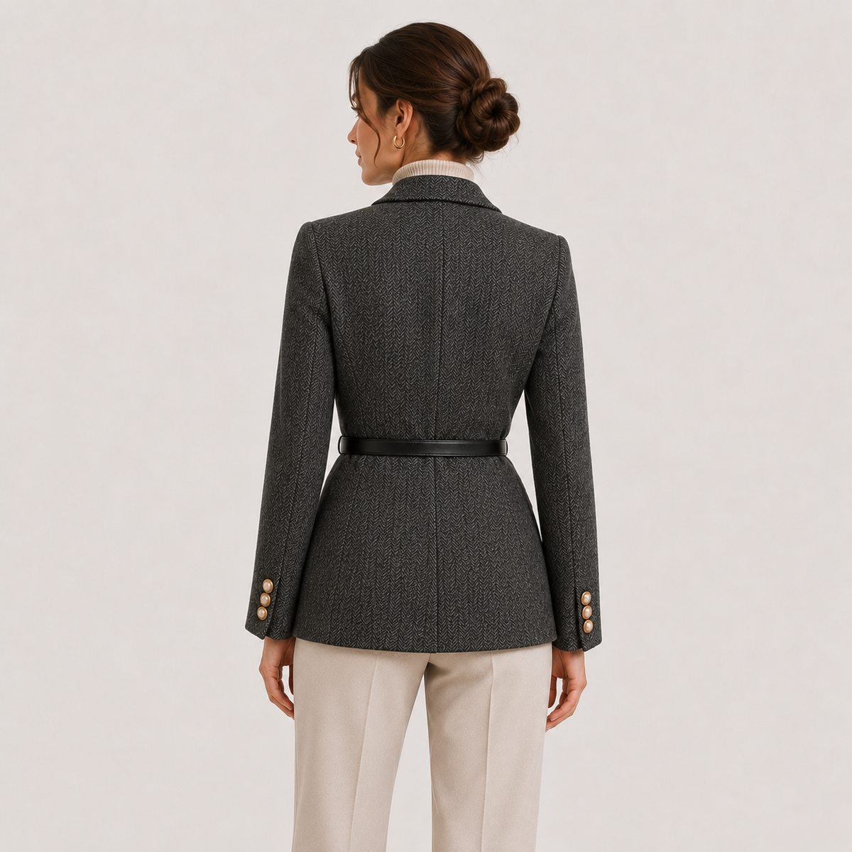 Women's Belted Blazer Herringbone Peak Lapel Double-Breasted Business Casual