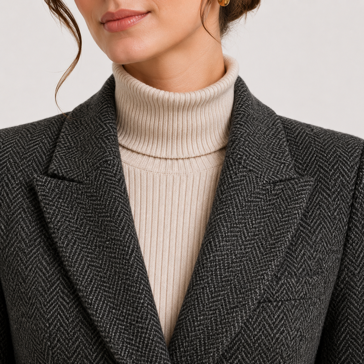 Women's Belted Blazer Herringbone Peak Lapel Double-Breasted Business Casual