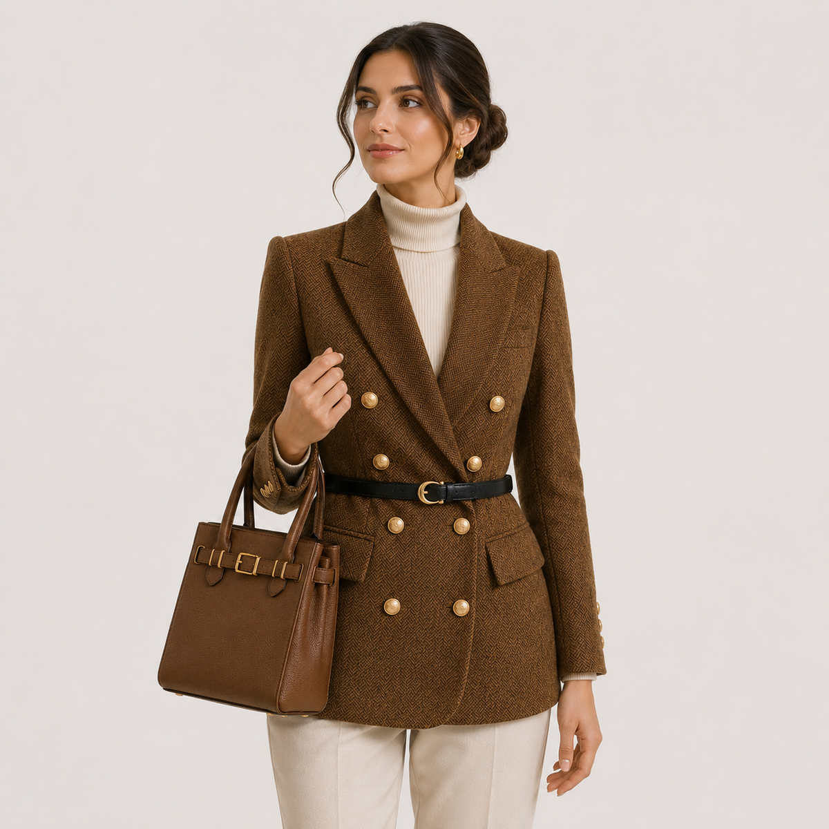 Women's Belted Blazer Herringbone Peak Lapel Double-Breasted Business Casual