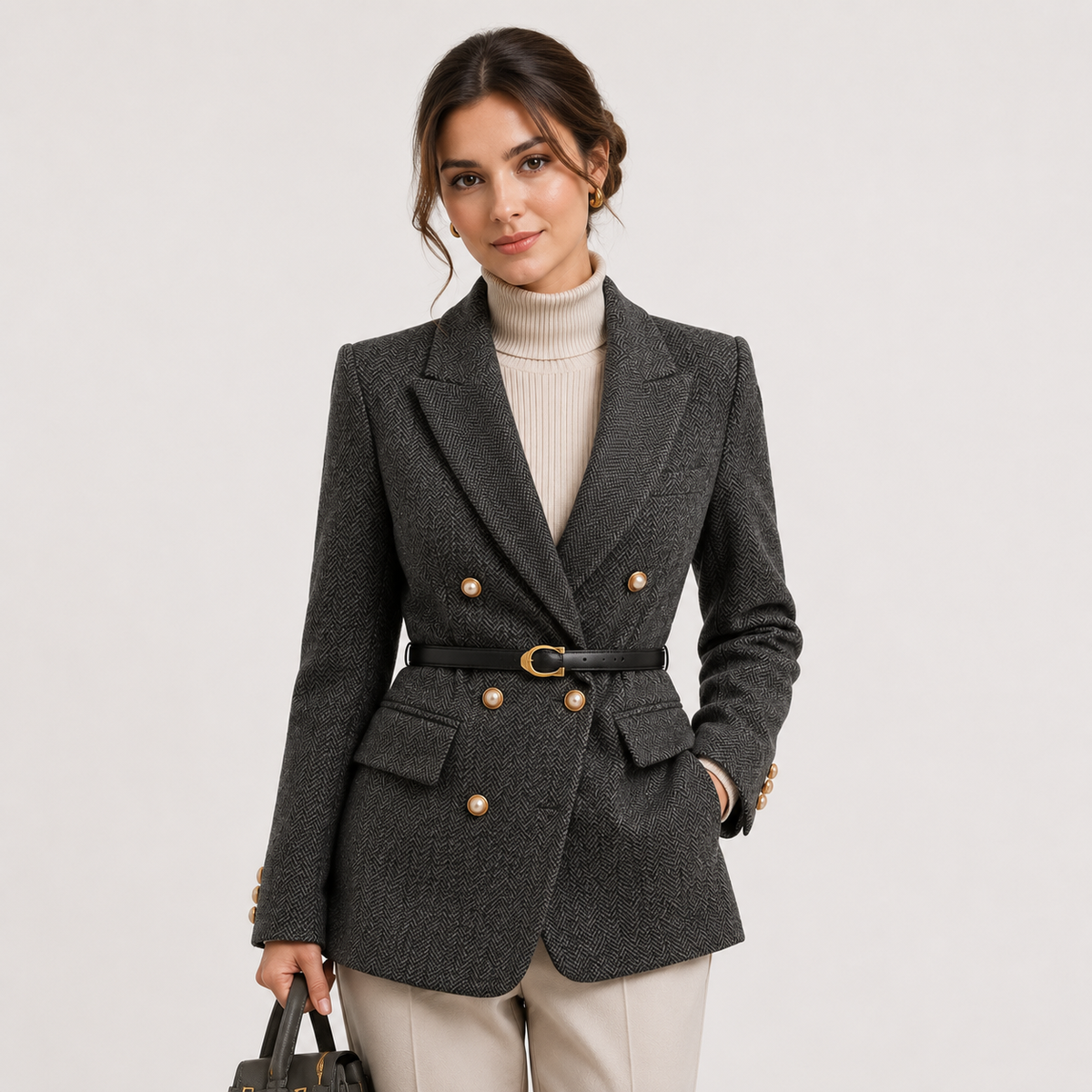 Women's Belted Blazer Herringbone Peak Lapel Double-Breasted Business Casual