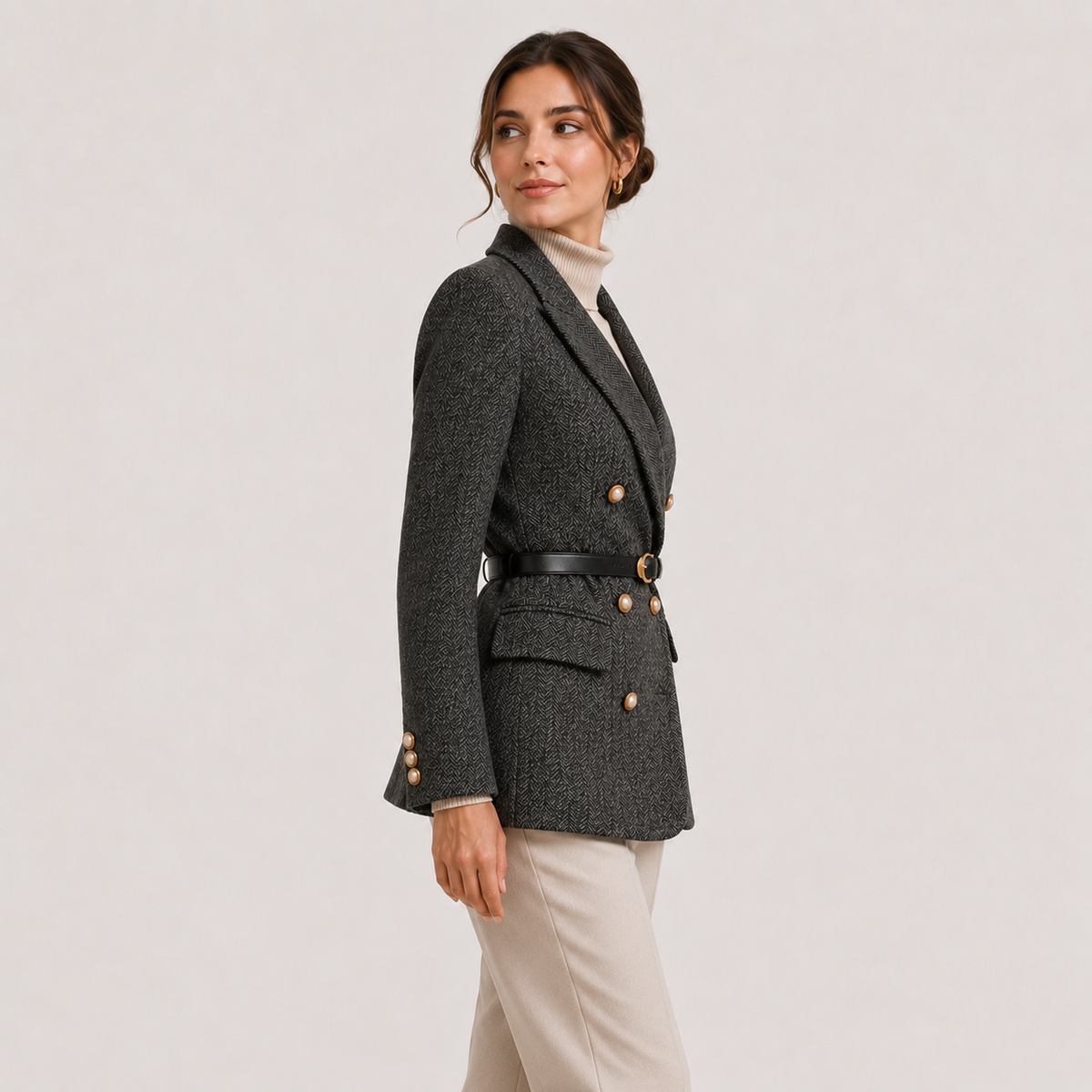 Women's Belted Blazer Herringbone Peak Lapel Double-Breasted Business Casual