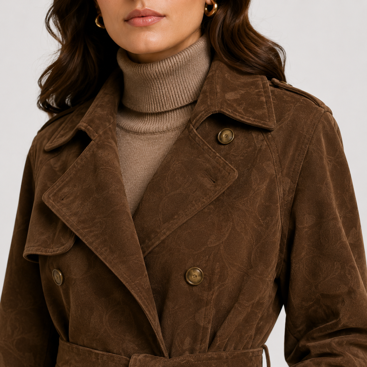 Women's Double Breasted Suede Trench Coat Belted Floral Long Winter Outerwear