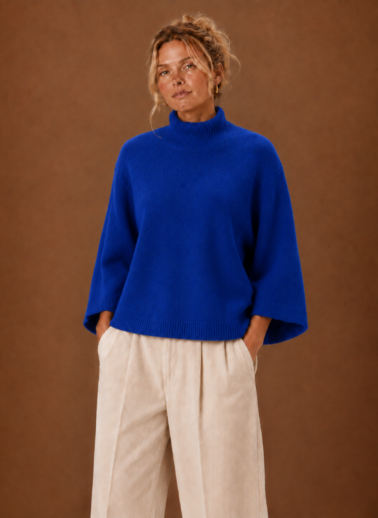 Women's Mock Neck Sweater Oversized 3/4 Sleeve Chunky Knit Winter Pullover