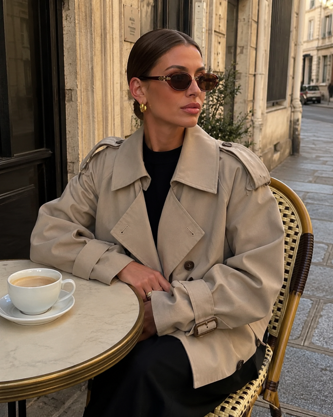 Women's Cropped Trench Coat Double-Breasted Belted Cuffs Lapel Collar Casual
