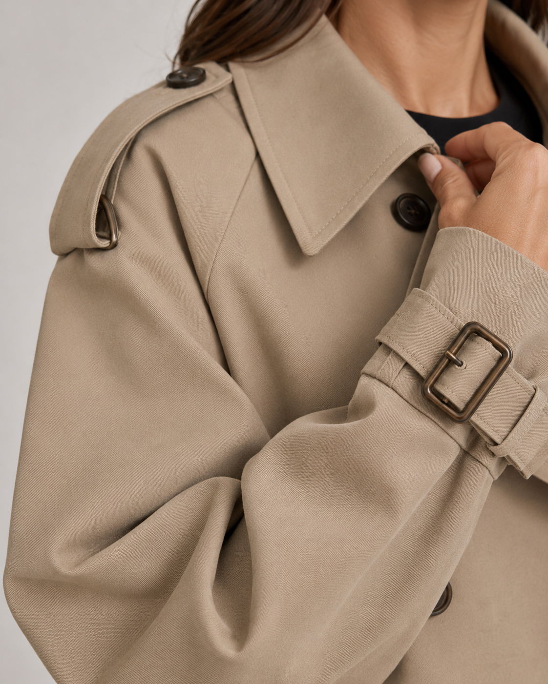 Women's Cropped Trench Coat Double-Breasted Belted Cuffs Lapel Collar Casual