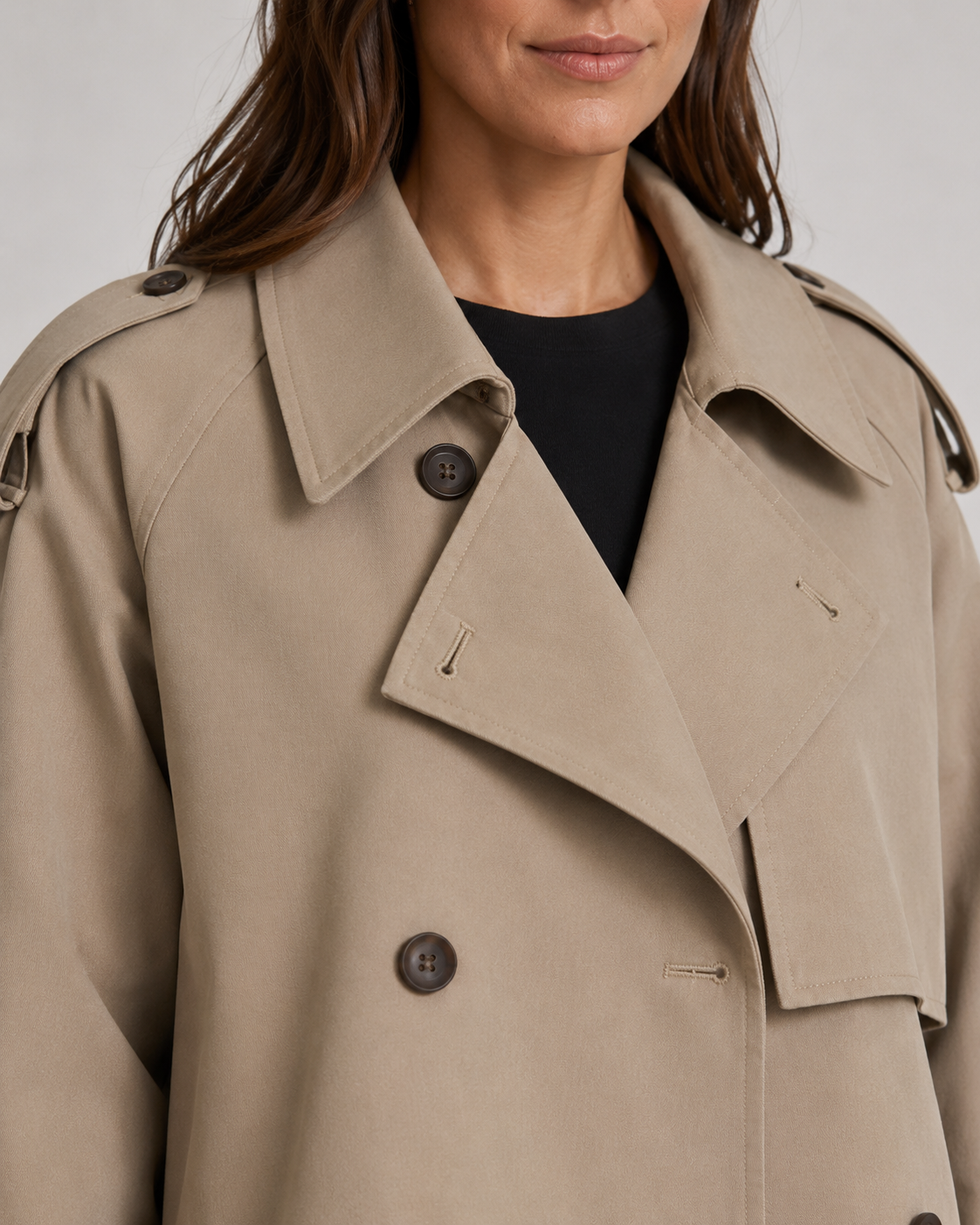 Women's Cropped Trench Coat Double-Breasted Belted Cuffs Lapel Collar Casual