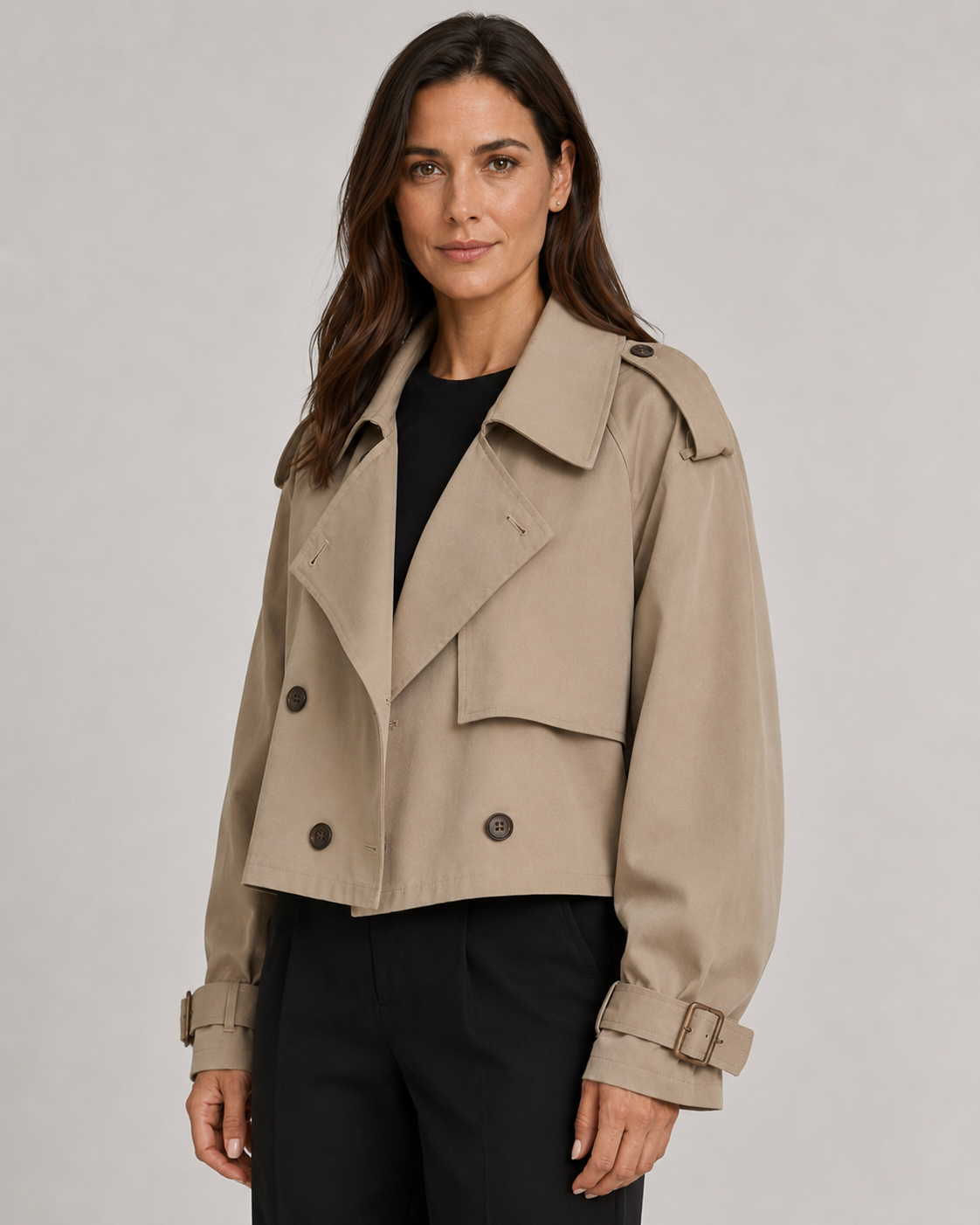 Women's Cropped Trench Coat Double-Breasted Belted Cuffs Lapel Collar Casual