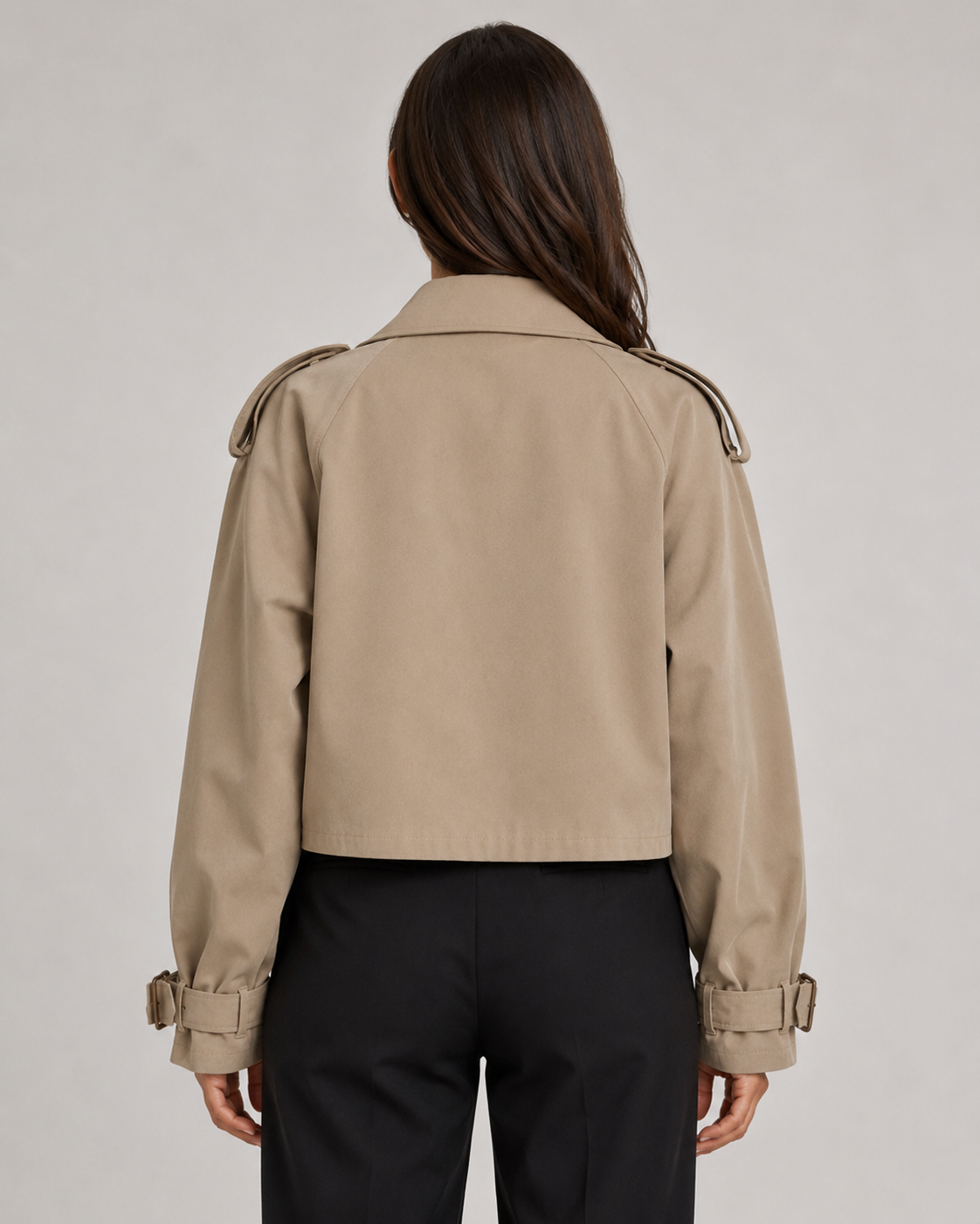 Women's Cropped Trench Coat Double-Breasted Belted Cuffs Lapel Collar Casual