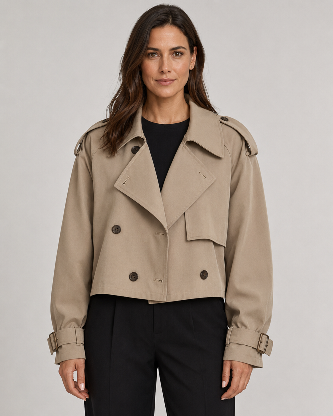 Women's Cropped Trench Coat Double-Breasted Belted Cuffs Lapel Collar Casual